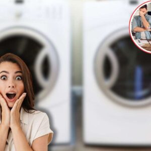 asciugatrice con lavatrice, donna sconvolta e coppia che controlla bollette