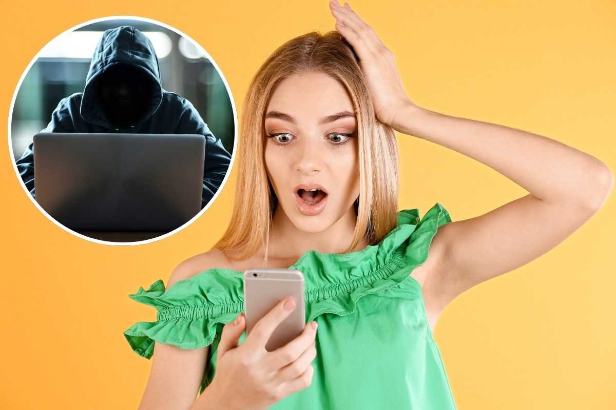 donna sconvolta guarda tv e hacker